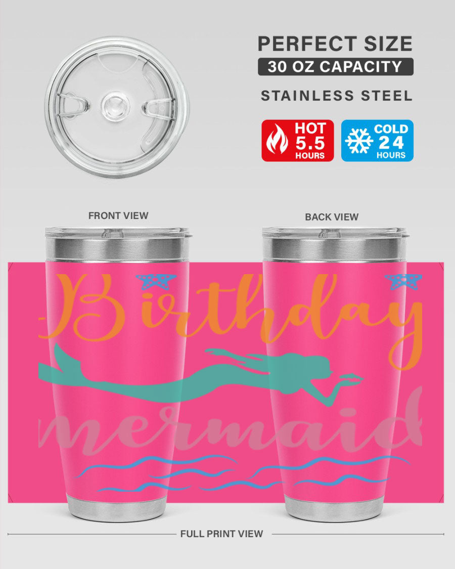 Birthday Mermaid Design tumbler featuring vibrant mermaid graphics, available in 20oz and 30oz sizes, made from stainless steel.