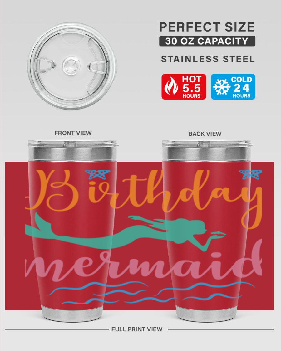 Birthday Mermaid Design tumbler featuring vibrant mermaid graphics, available in 20oz and 30oz sizes, made from stainless steel.
