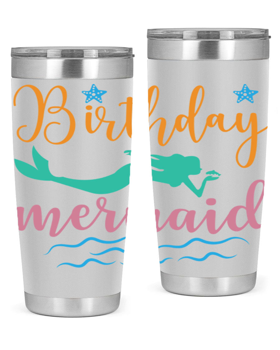 Birthday Mermaid Design tumbler featuring vibrant mermaid graphics, available in 20oz and 30oz sizes, made from stainless steel.
