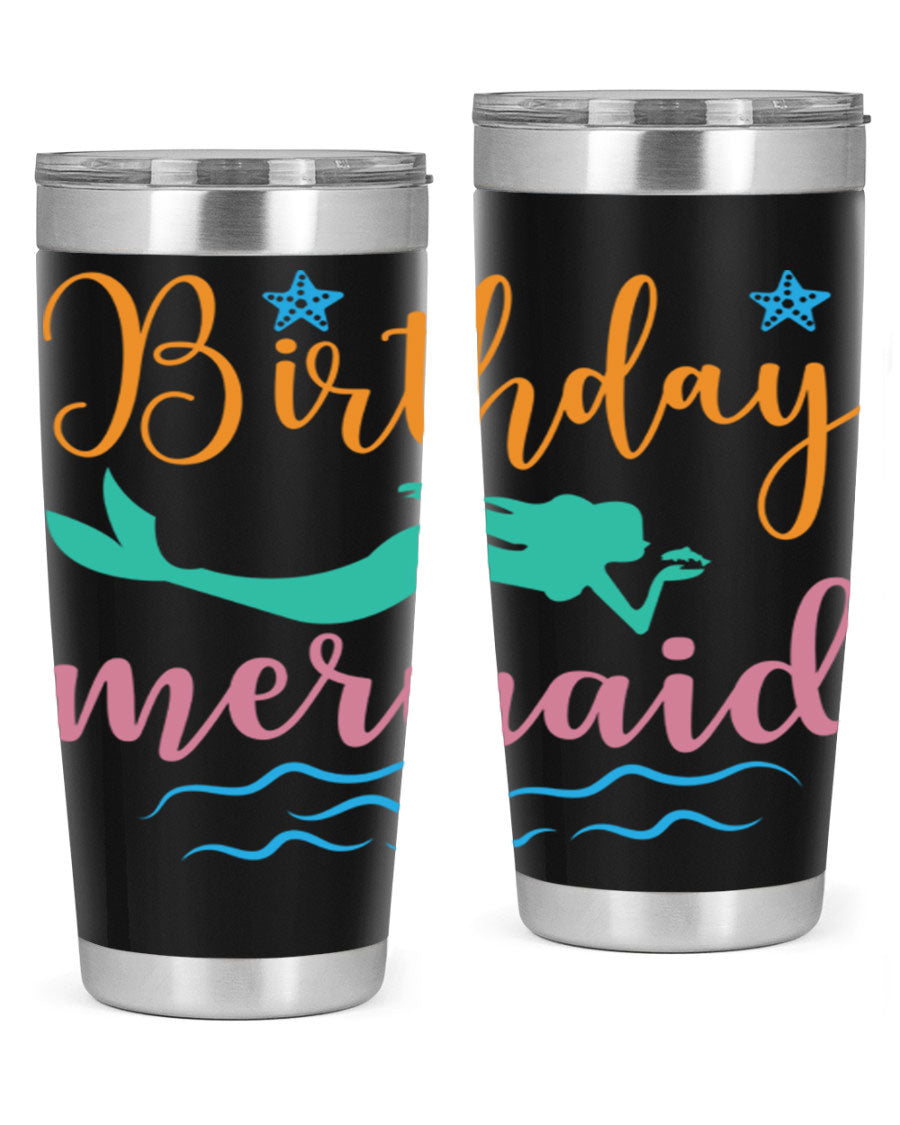 Birthday Mermaid Design tumbler featuring vibrant mermaid graphics, available in 20oz and 30oz sizes, made from stainless steel.