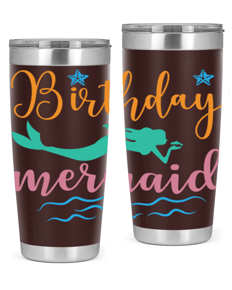 Birthday Mermaid Design tumbler featuring vibrant mermaid graphics, available in 20oz and 30oz sizes, made from stainless steel.