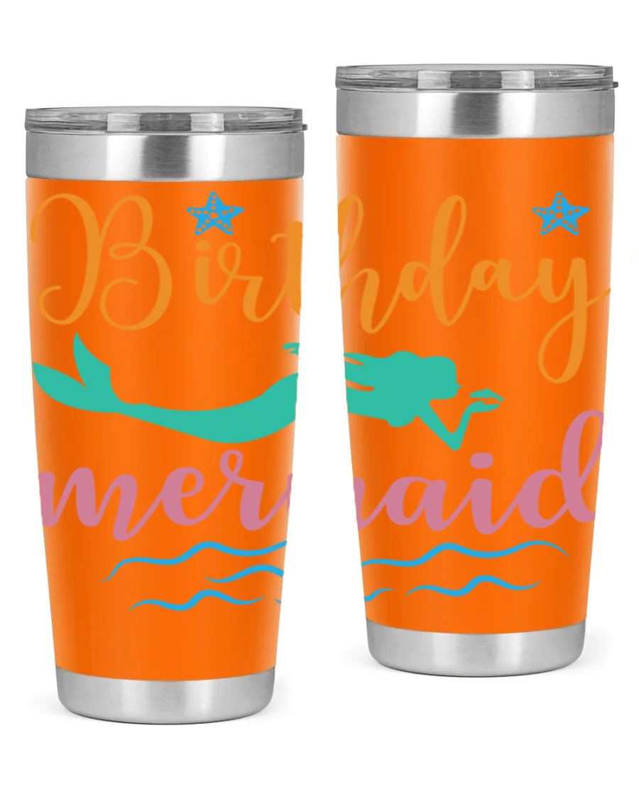 Birthday Mermaid Design tumbler featuring vibrant mermaid graphics, available in 20oz and 30oz sizes, made from stainless steel.