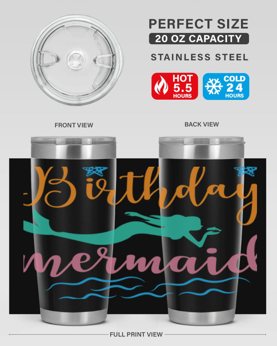 Birthday Mermaid Design tumbler featuring vibrant mermaid graphics, available in 20oz and 30oz sizes, made from stainless steel.