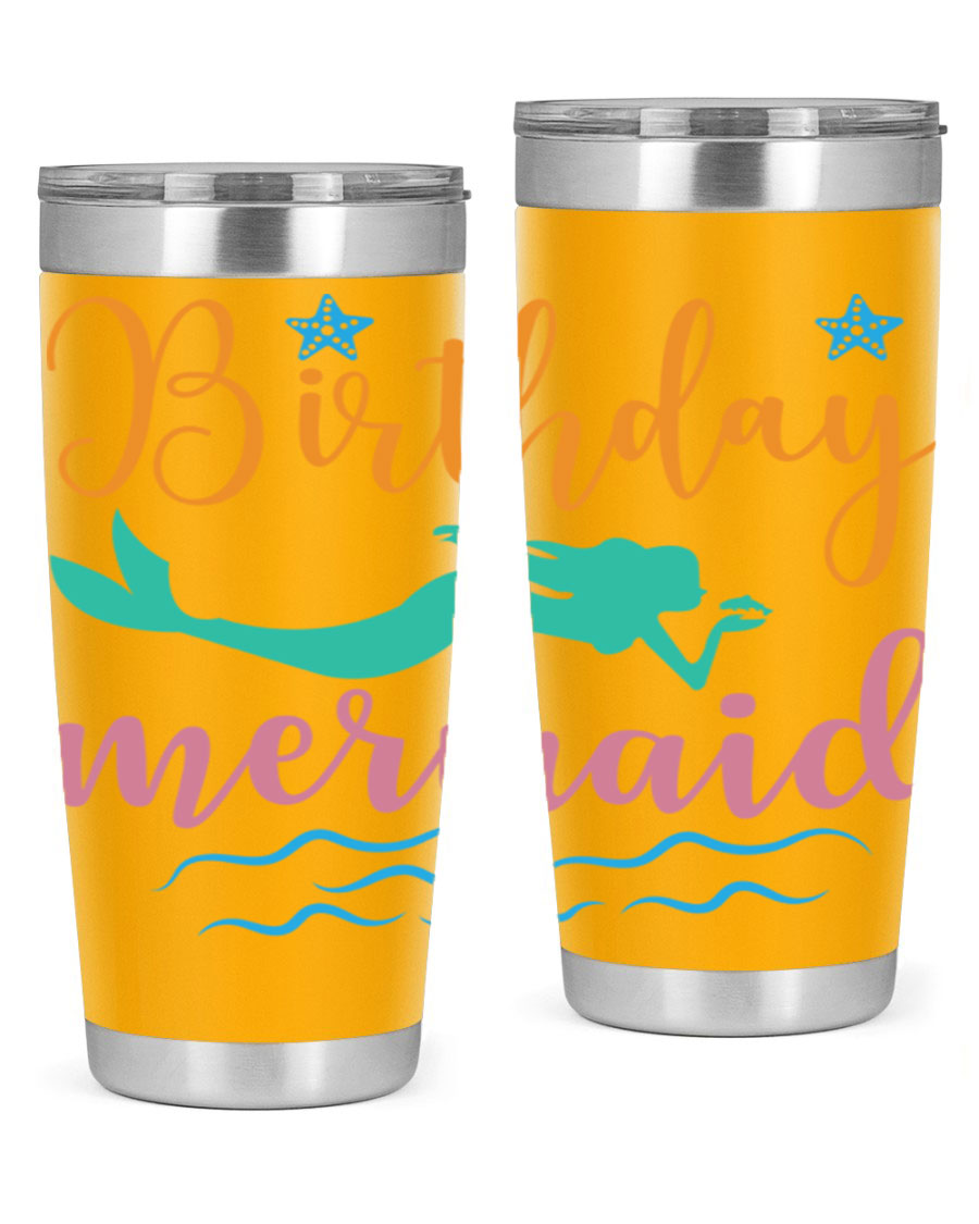 Birthday Mermaid Design tumbler featuring vibrant mermaid graphics, available in 20oz and 30oz sizes, made from stainless steel.
