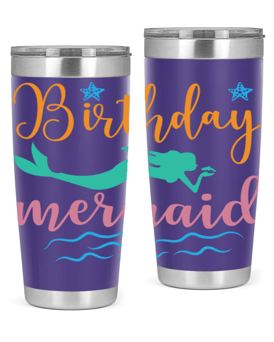 Birthday Mermaid Design tumbler featuring vibrant mermaid graphics, available in 20oz and 30oz sizes, made from stainless steel.