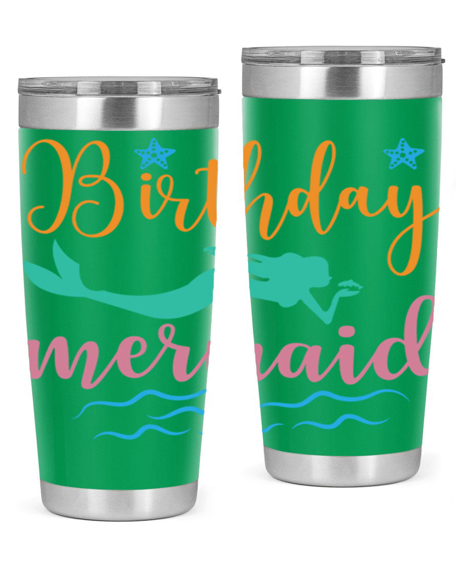 Birthday Mermaid Design tumbler featuring vibrant mermaid graphics, available in 20oz and 30oz sizes, made from stainless steel.