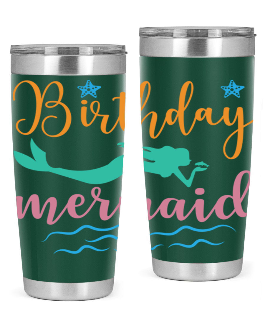 Birthday Mermaid Design tumbler featuring vibrant mermaid graphics, available in 20oz and 30oz sizes, made from stainless steel.