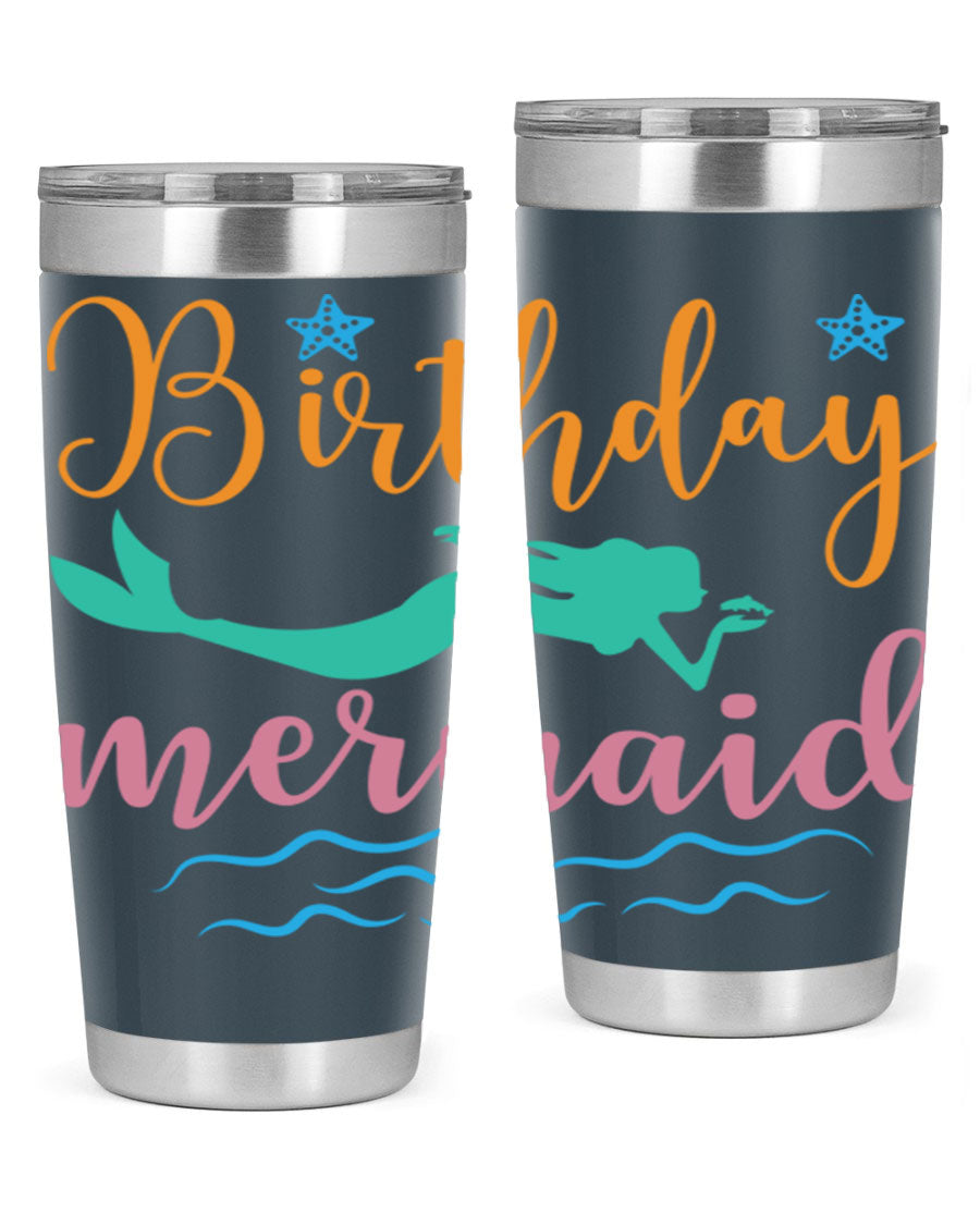 Birthday Mermaid Design tumbler featuring vibrant mermaid graphics, available in 20oz and 30oz sizes, made from stainless steel.