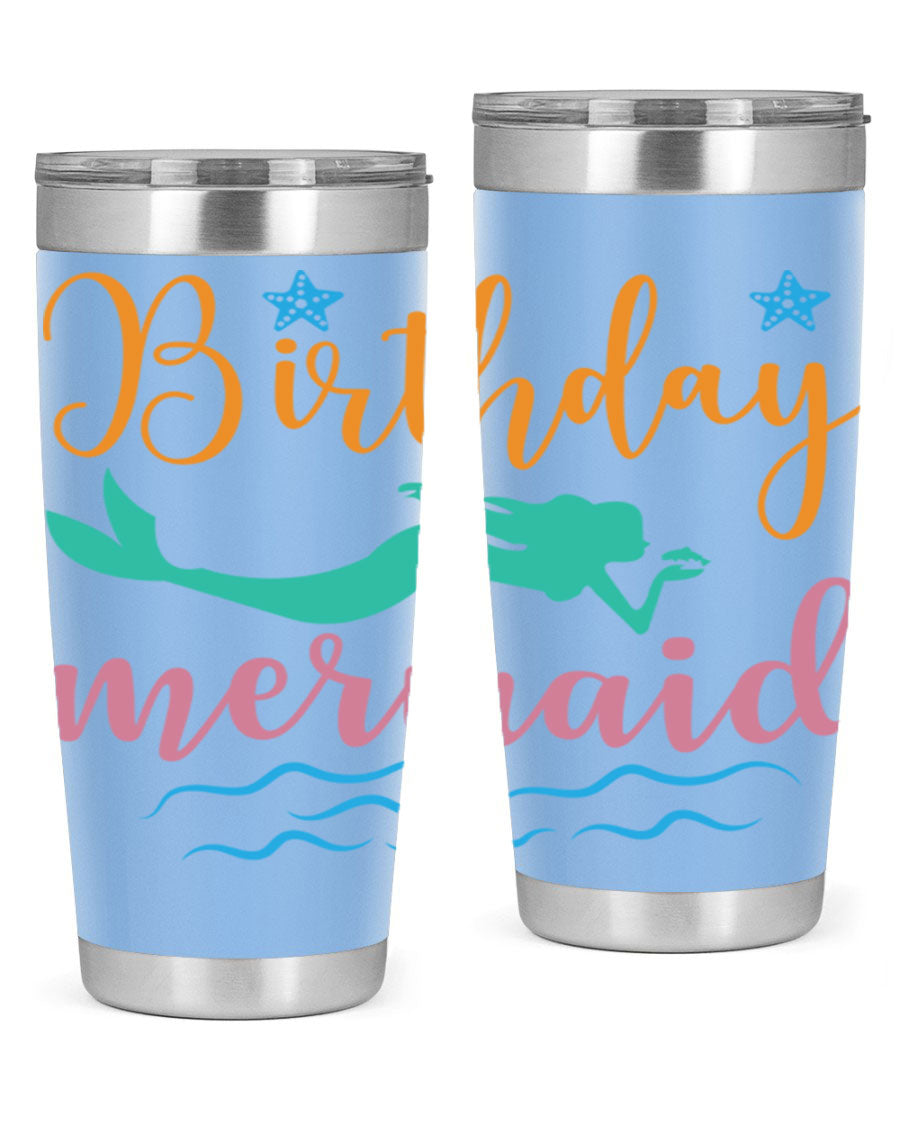 Birthday Mermaid Design tumbler featuring vibrant mermaid graphics, available in 20oz and 30oz sizes, made from stainless steel.