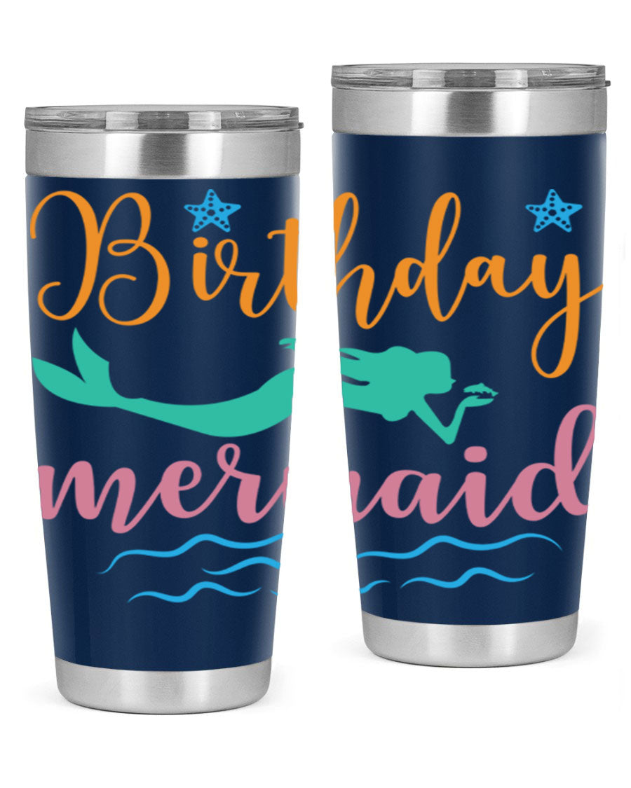 Birthday Mermaid Design tumbler featuring vibrant mermaid graphics, available in 20oz and 30oz sizes, made from stainless steel.