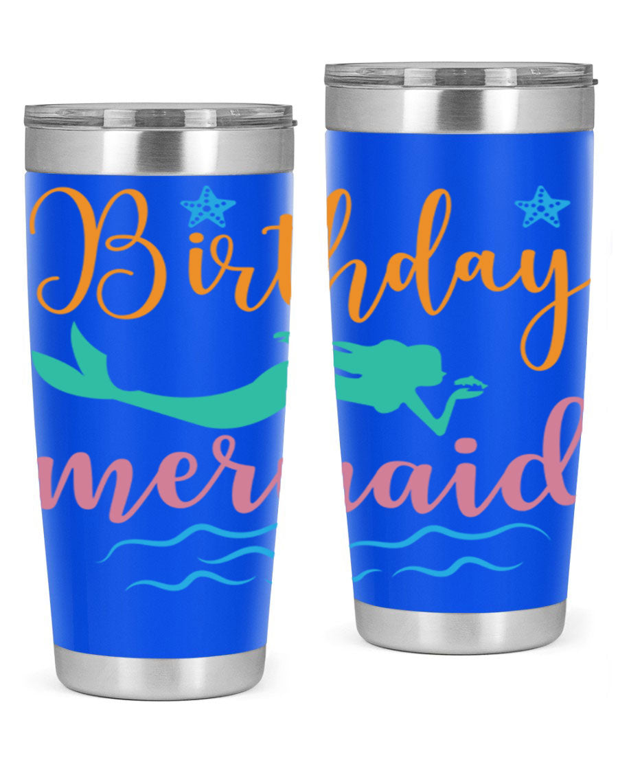 Birthday Mermaid Design tumbler featuring vibrant mermaid graphics, available in 20oz and 30oz sizes, made from stainless steel.