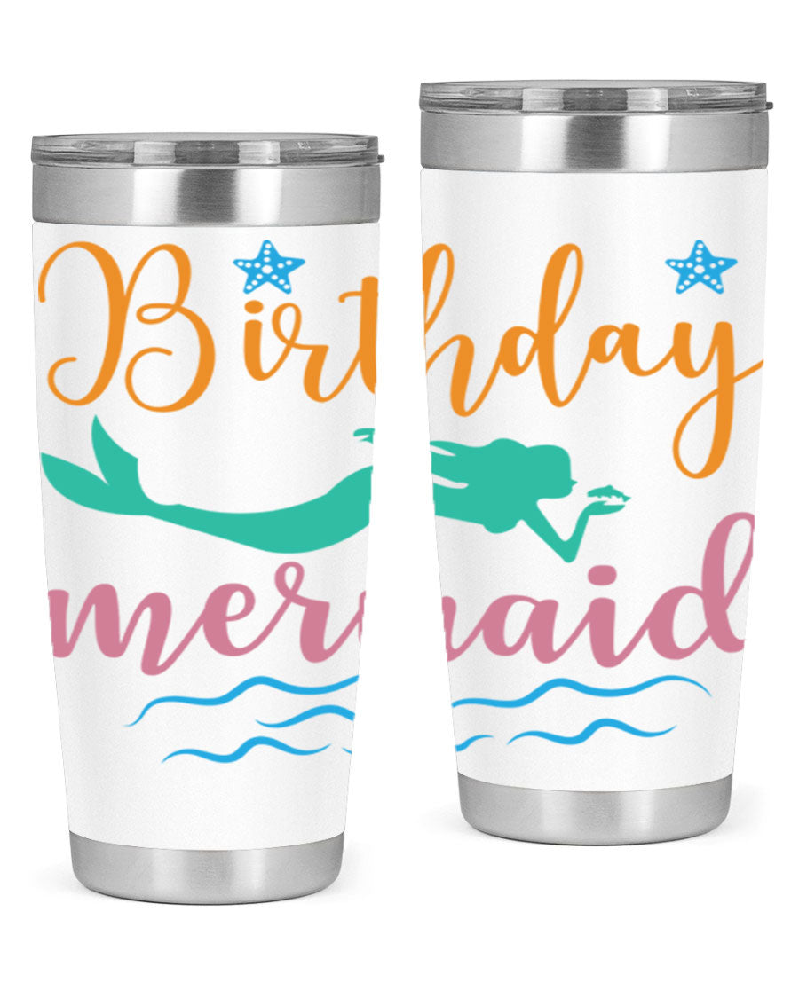 Birthday Mermaid Design tumbler featuring vibrant mermaid graphics, available in 20oz and 30oz sizes, made from stainless steel.