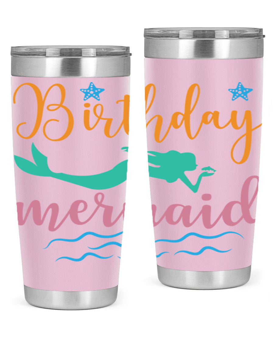 Birthday Mermaid Design tumbler featuring vibrant mermaid graphics, available in 20oz and 30oz sizes, made from stainless steel.