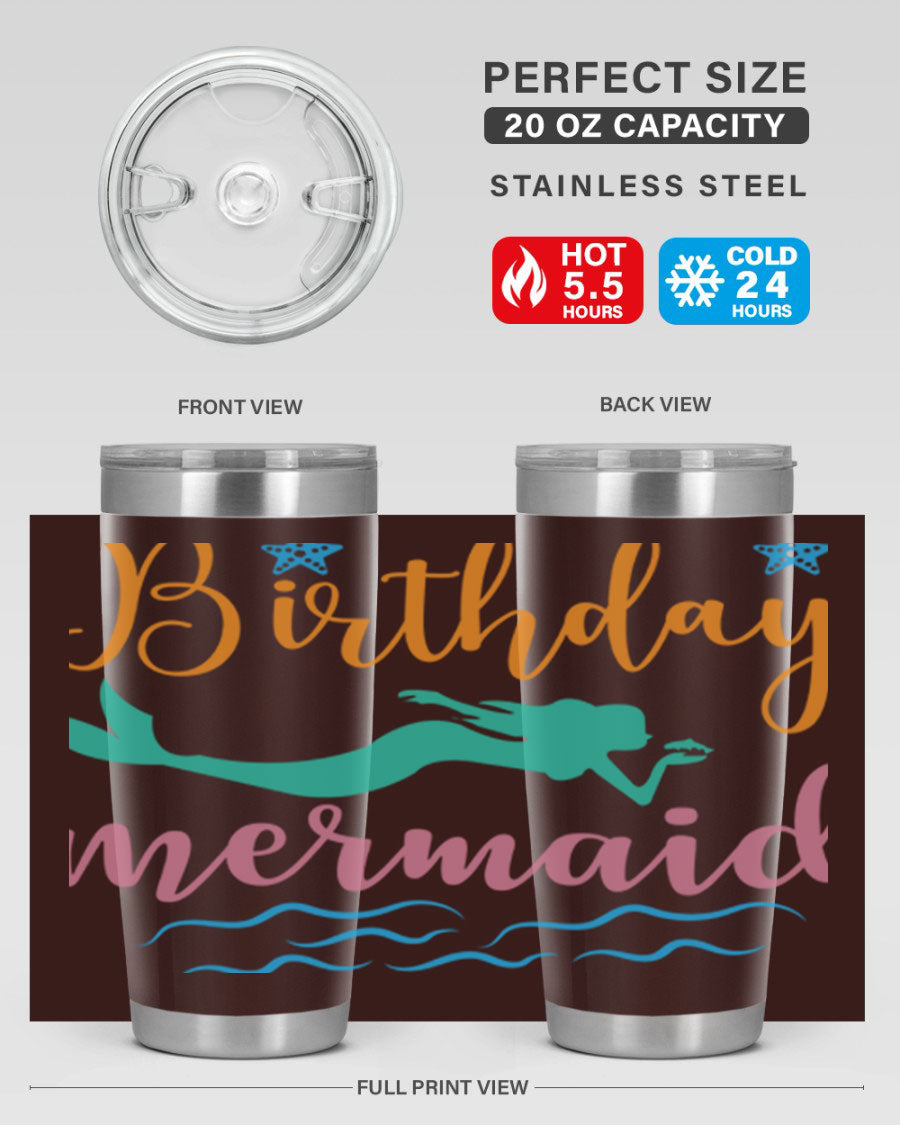 Birthday Mermaid Design tumbler featuring vibrant mermaid graphics, available in 20oz and 30oz sizes, made from stainless steel.