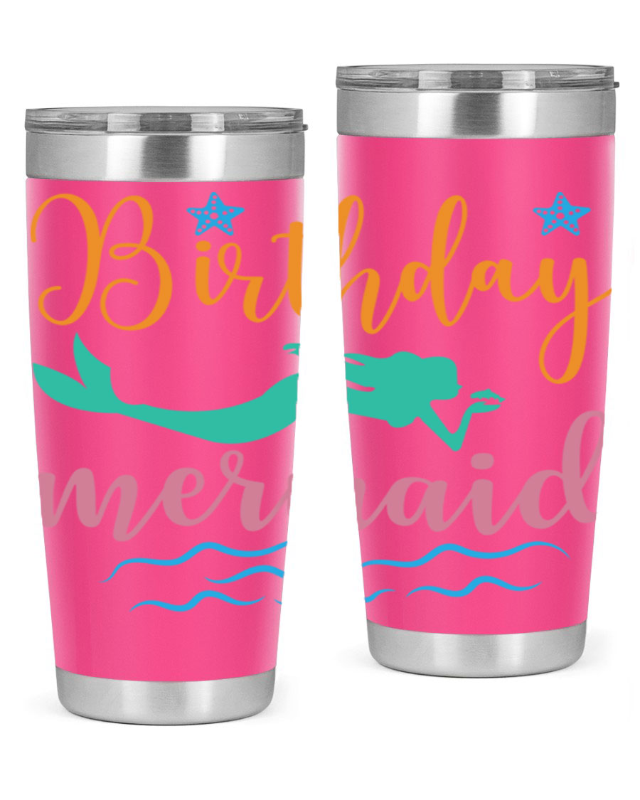Birthday Mermaid Design tumbler featuring vibrant mermaid graphics, available in 20oz and 30oz sizes, made from stainless steel.