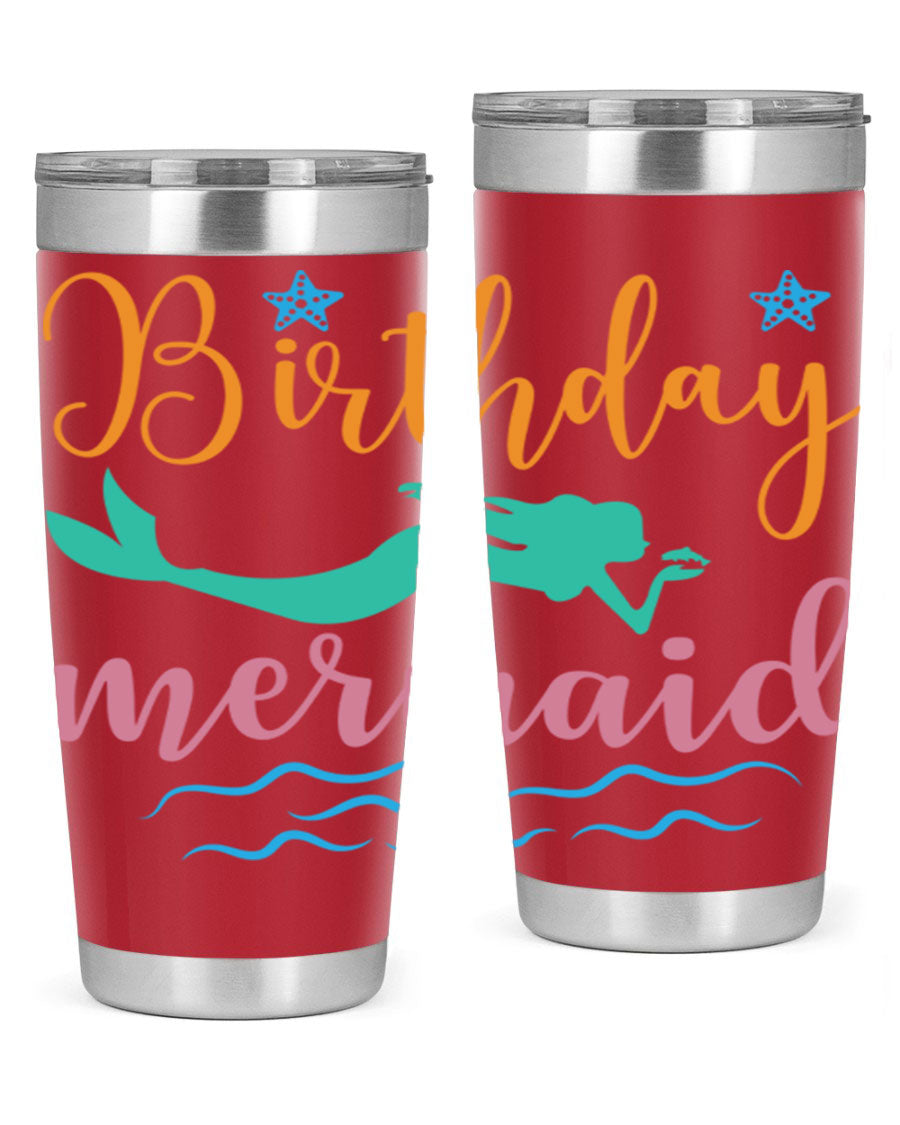 Birthday Mermaid Design tumbler featuring vibrant mermaid graphics, available in 20oz and 30oz sizes, made from stainless steel.