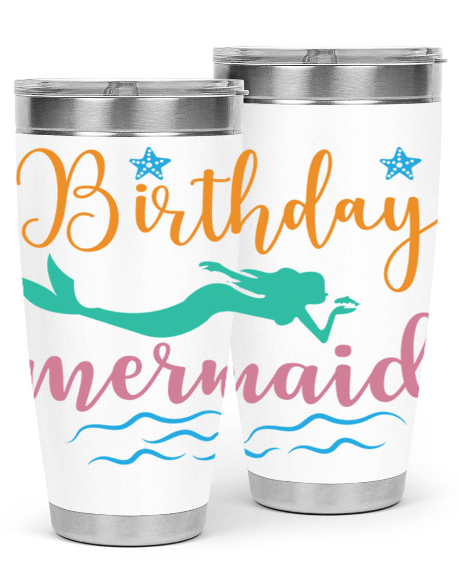 Birthday Mermaid Design tumbler featuring vibrant mermaid graphics, available in 20oz and 30oz sizes, made from stainless steel.