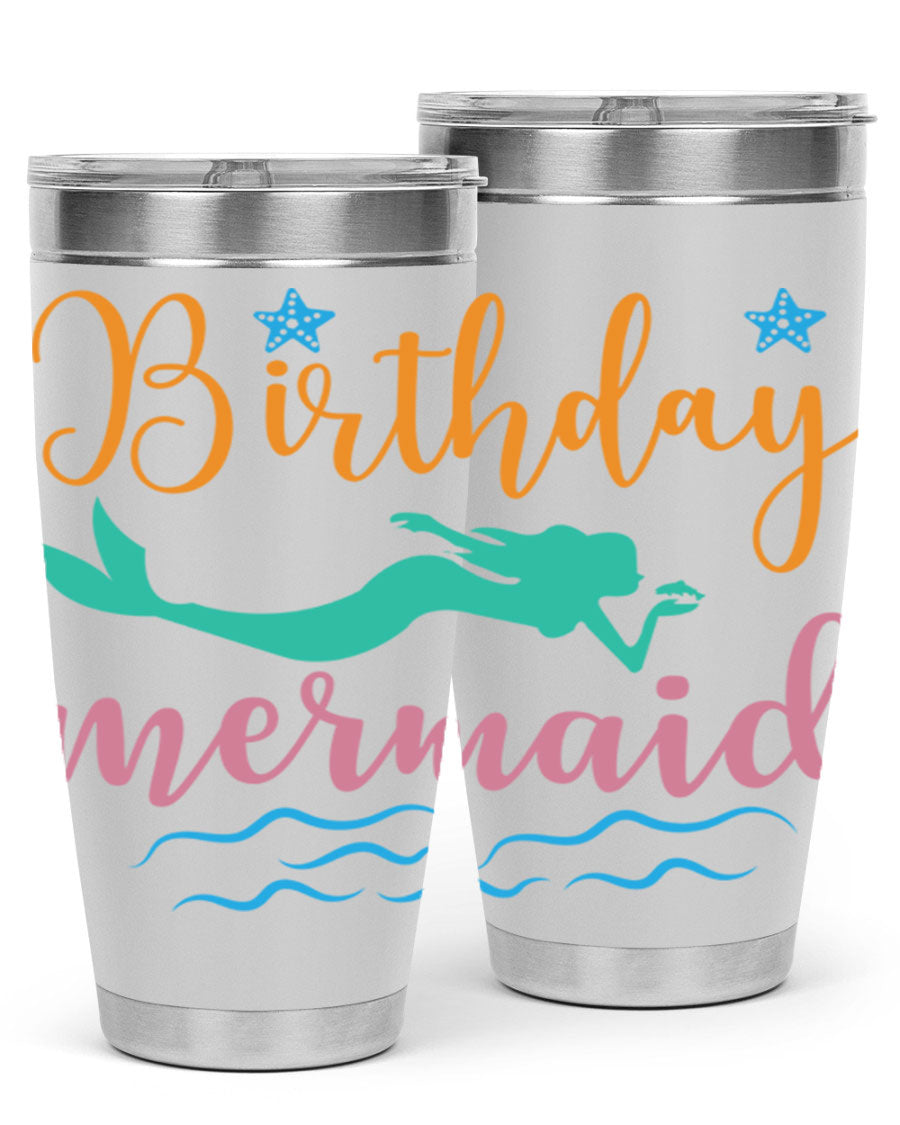 Birthday Mermaid Design tumbler featuring vibrant mermaid graphics, available in 20oz and 30oz sizes, made from stainless steel.