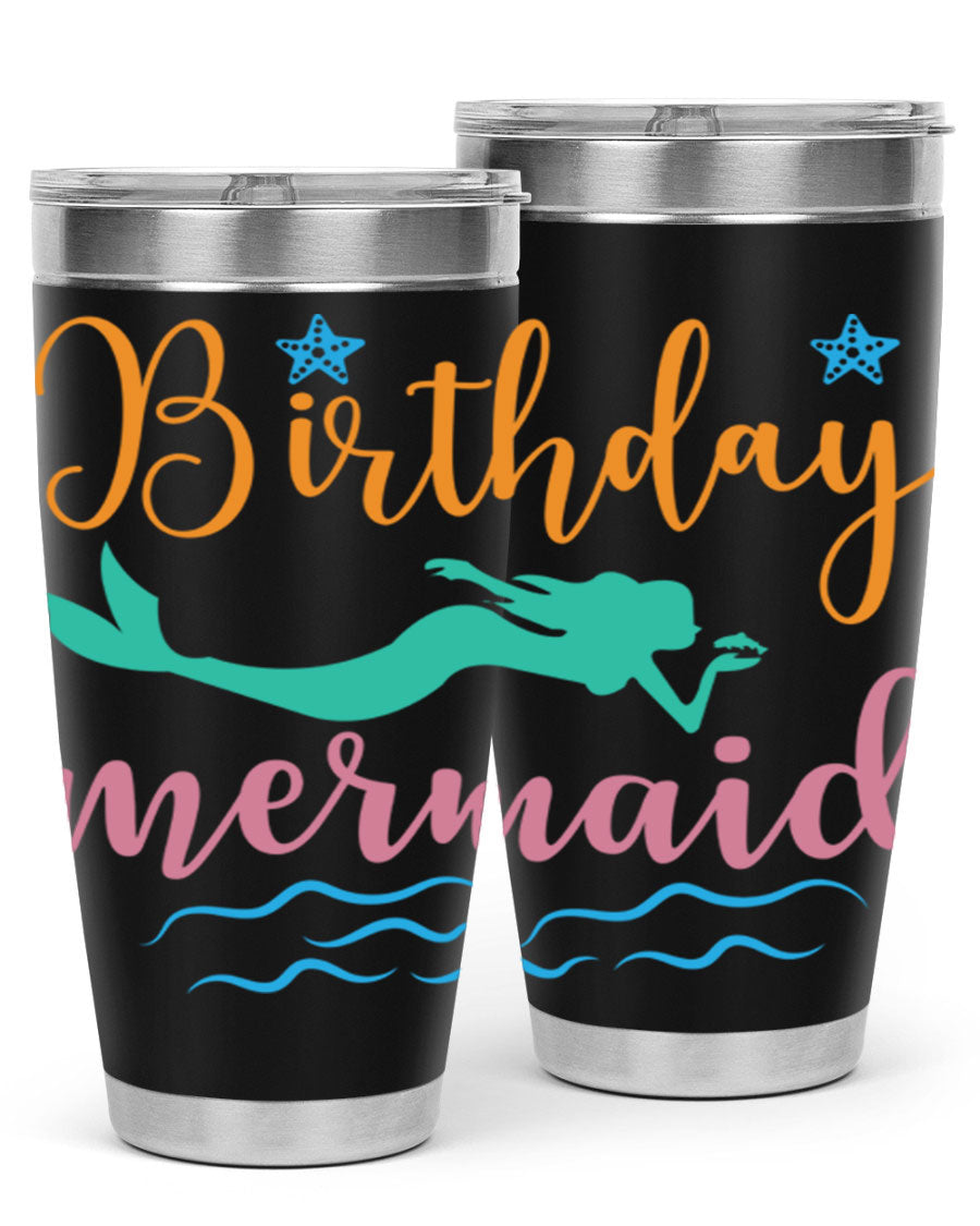 Birthday Mermaid Design tumbler featuring vibrant mermaid graphics, available in 20oz and 30oz sizes, made from stainless steel.