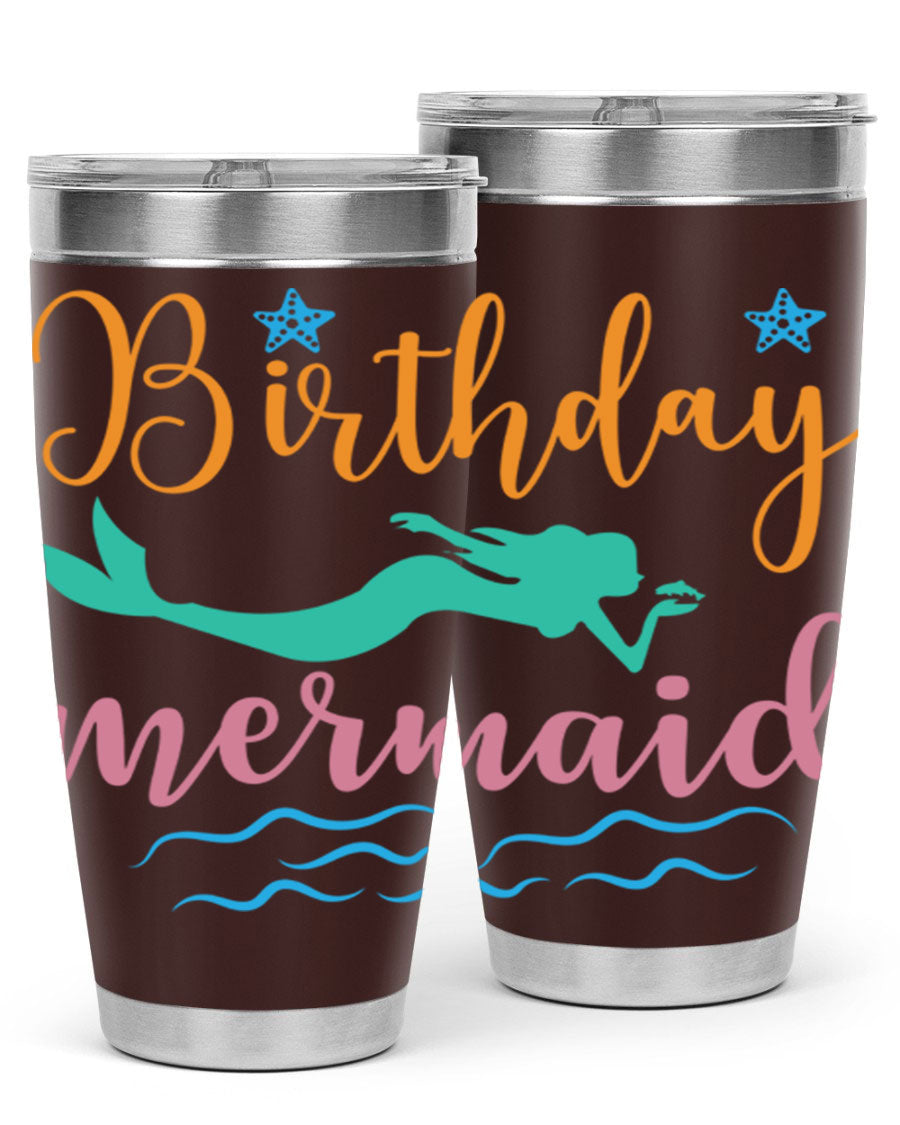 Birthday Mermaid Design tumbler featuring vibrant mermaid graphics, available in 20oz and 30oz sizes, made from stainless steel.