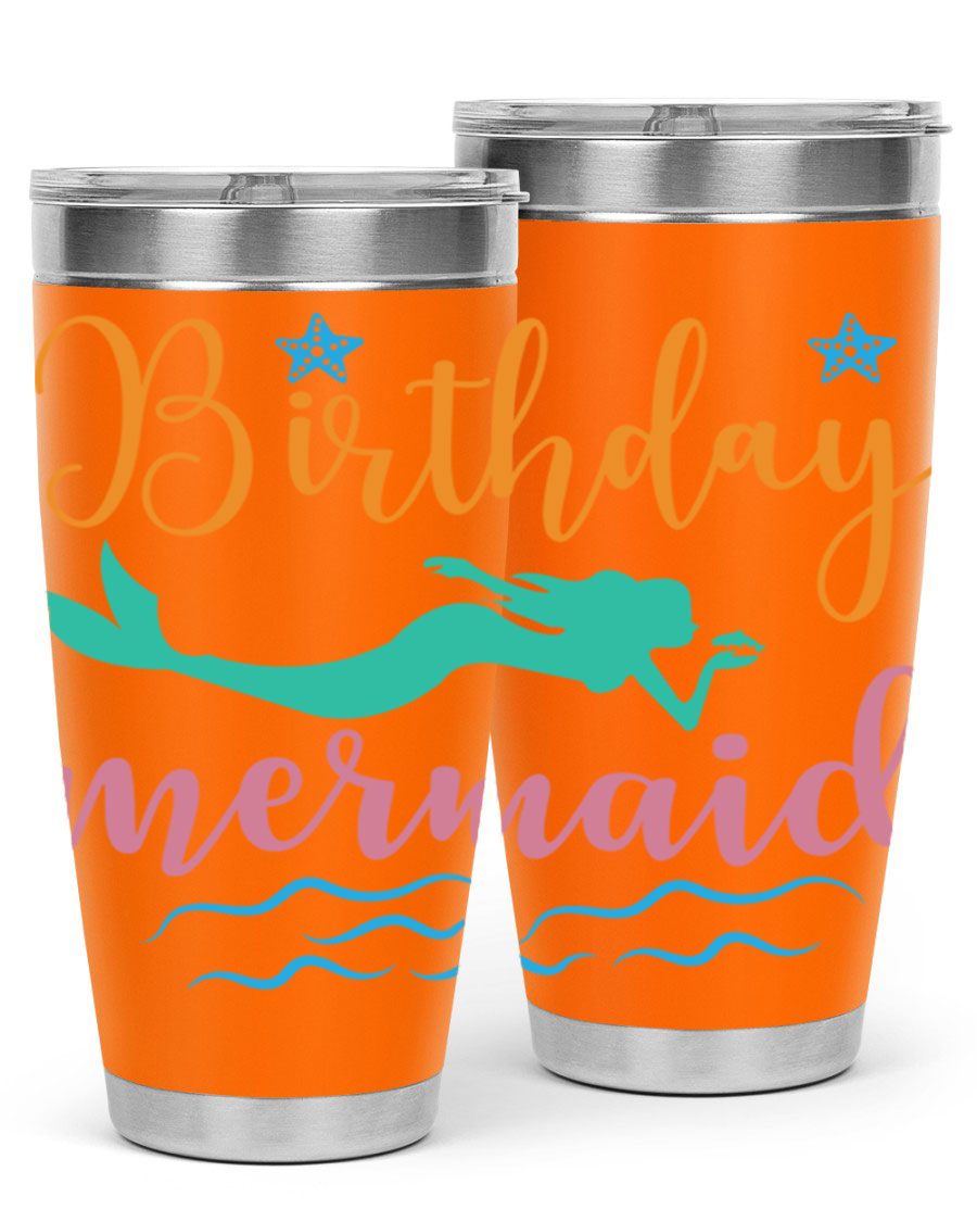 Birthday Mermaid Design tumbler featuring vibrant mermaid graphics, available in 20oz and 30oz sizes, made from stainless steel.