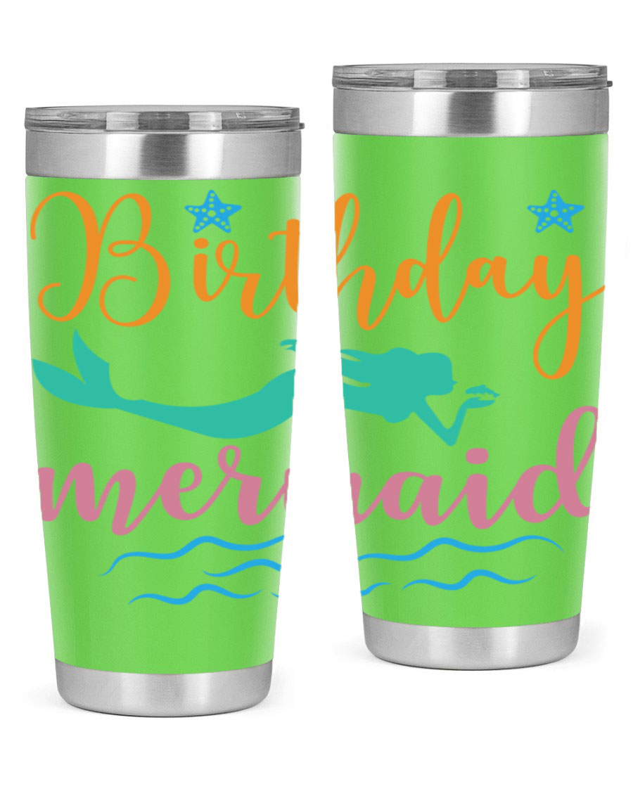 Birthday Mermaid Design tumbler featuring vibrant mermaid graphics, available in 20oz and 30oz sizes, made from stainless steel.