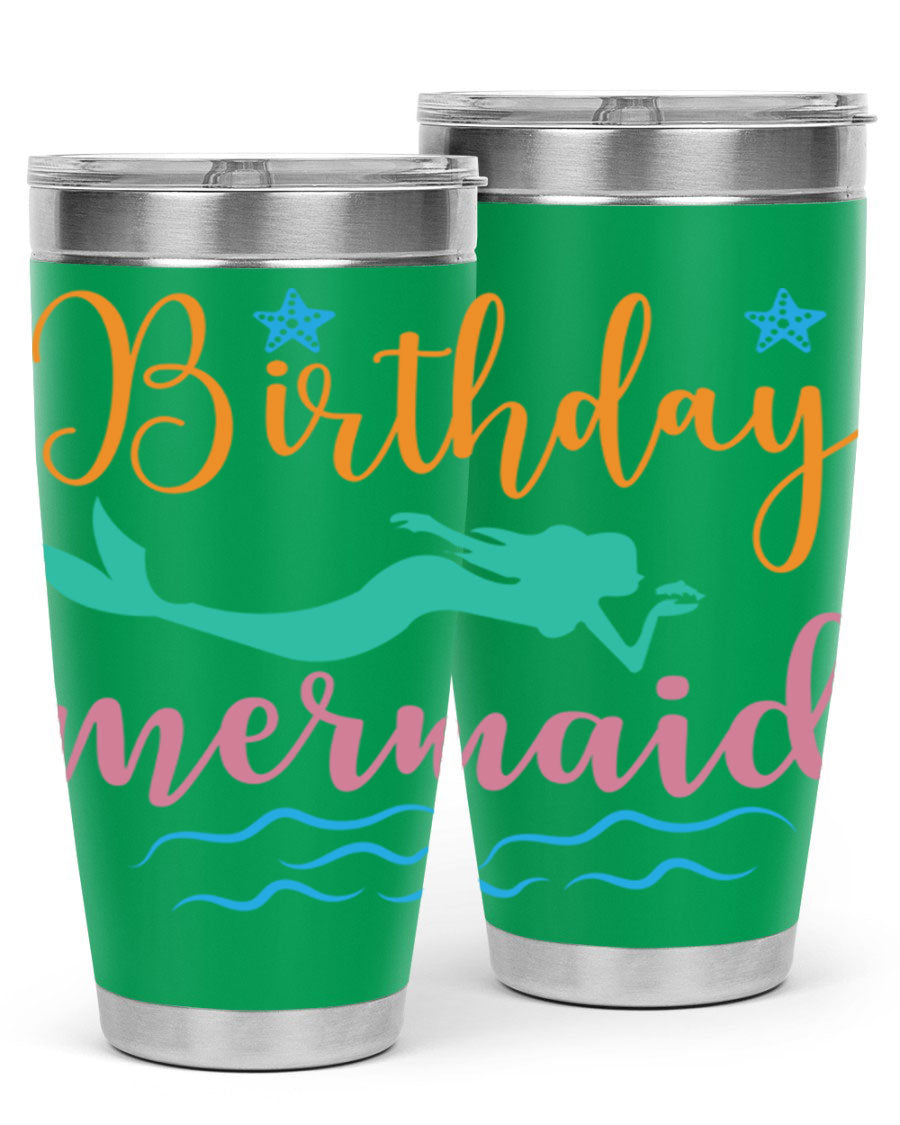 Birthday Mermaid Design tumbler featuring vibrant mermaid graphics, available in 20oz and 30oz sizes, made from stainless steel.
