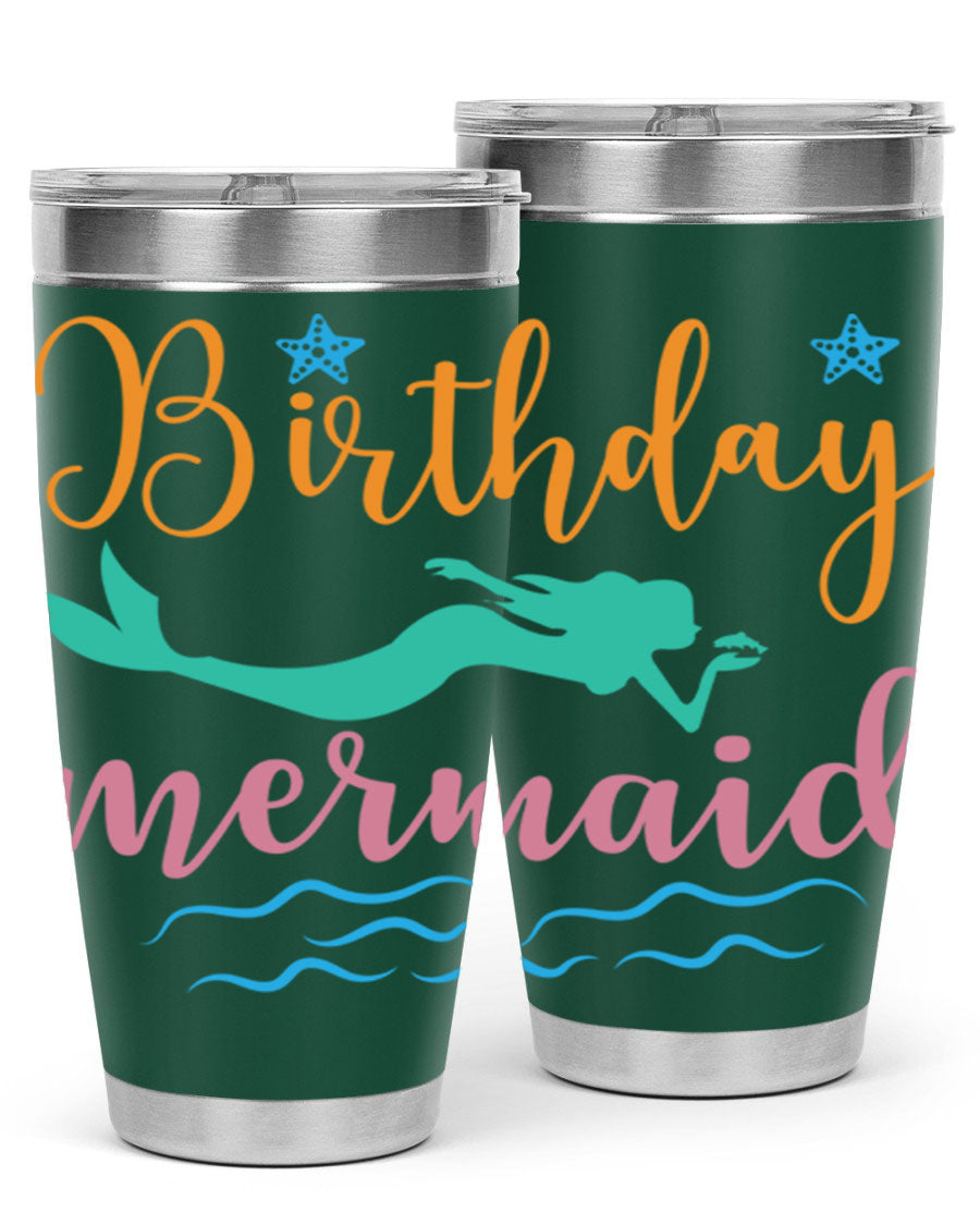 Birthday Mermaid Design tumbler featuring vibrant mermaid graphics, available in 20oz and 30oz sizes, made from stainless steel.