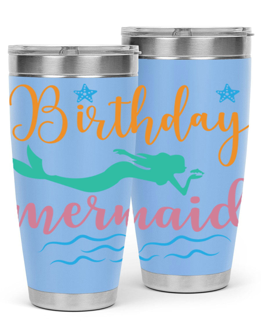 Birthday Mermaid Design tumbler featuring vibrant mermaid graphics, available in 20oz and 30oz sizes, made from stainless steel.
