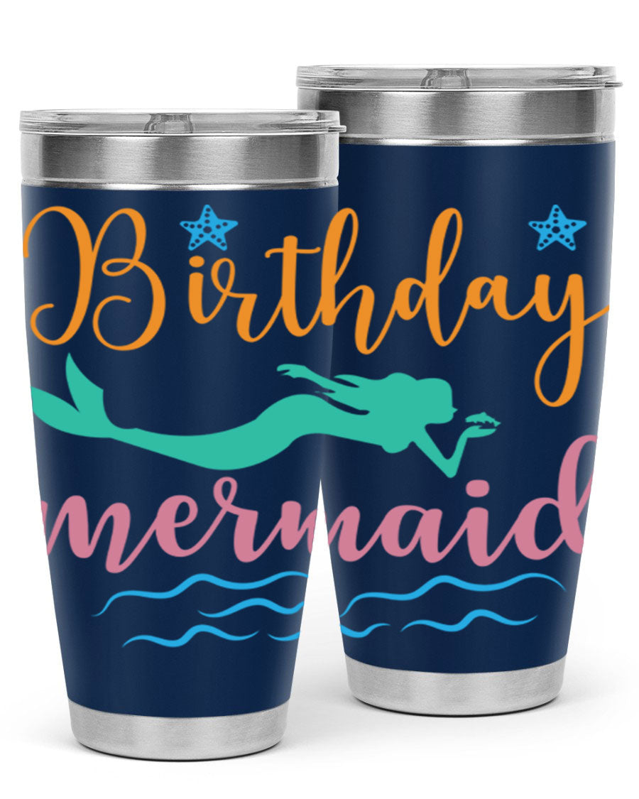 Birthday Mermaid Design tumbler featuring vibrant mermaid graphics, available in 20oz and 30oz sizes, made from stainless steel.