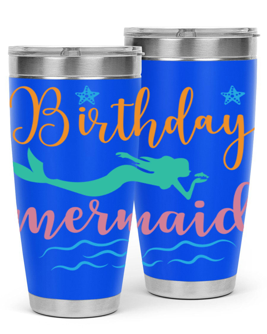 Birthday Mermaid Design tumbler featuring vibrant mermaid graphics, available in 20oz and 30oz sizes, made from stainless steel.