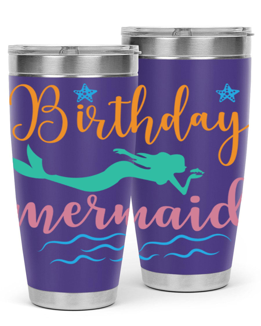 Birthday Mermaid Design tumbler featuring vibrant mermaid graphics, available in 20oz and 30oz sizes, made from stainless steel.