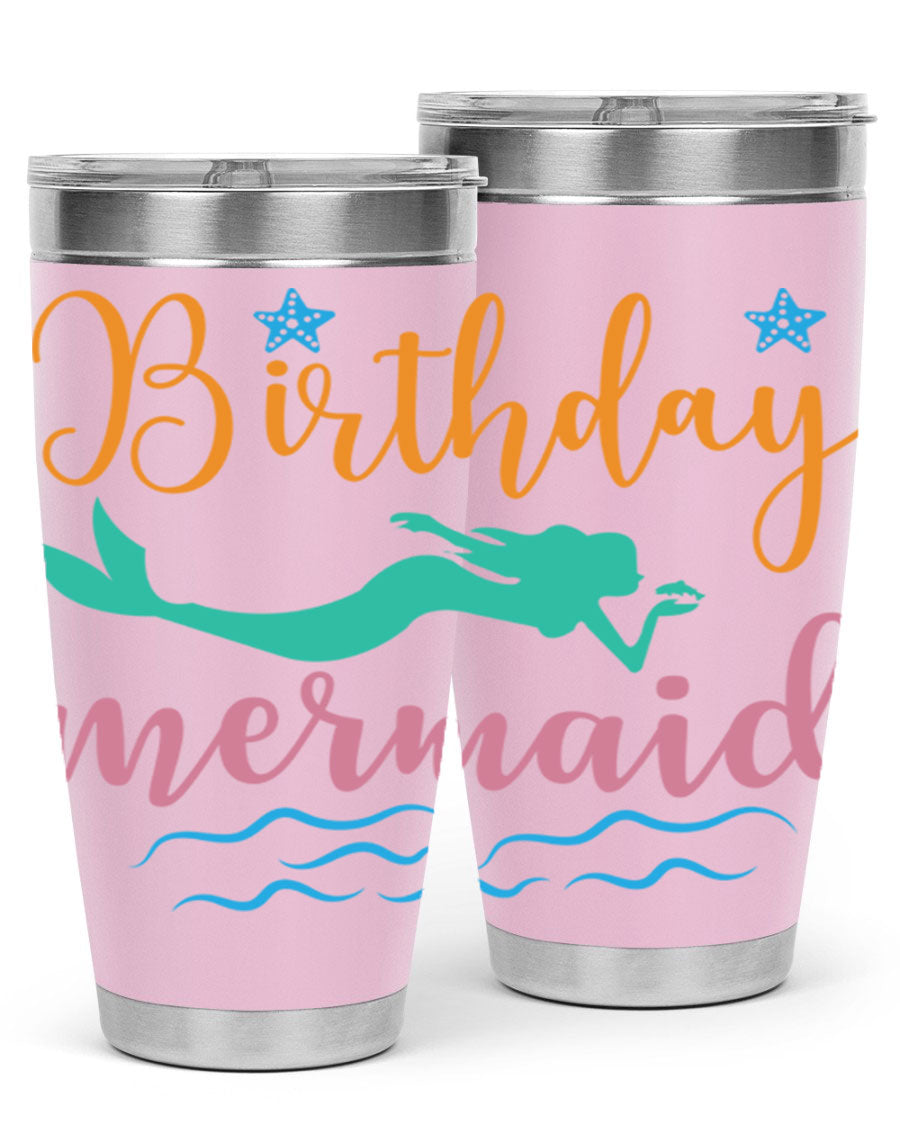 Birthday Mermaid Design tumbler featuring vibrant mermaid graphics, available in 20oz and 30oz sizes, made from stainless steel.