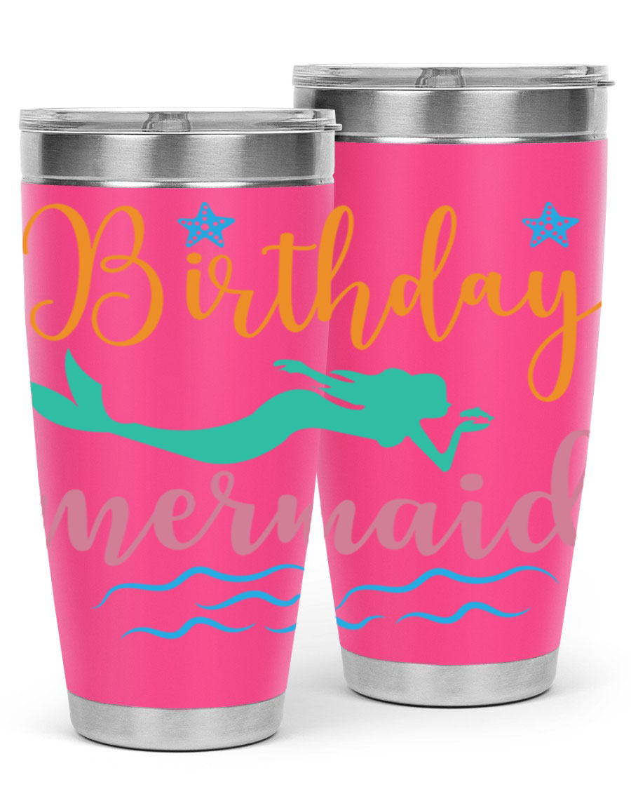Birthday Mermaid Design tumbler featuring vibrant mermaid graphics, available in 20oz and 30oz sizes, made from stainless steel.
