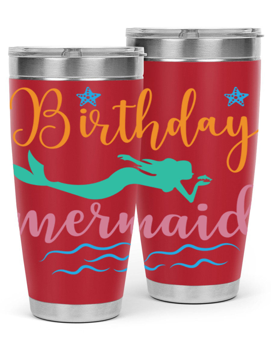 Birthday Mermaid Design tumbler featuring vibrant mermaid graphics, available in 20oz and 30oz sizes, made from stainless steel.