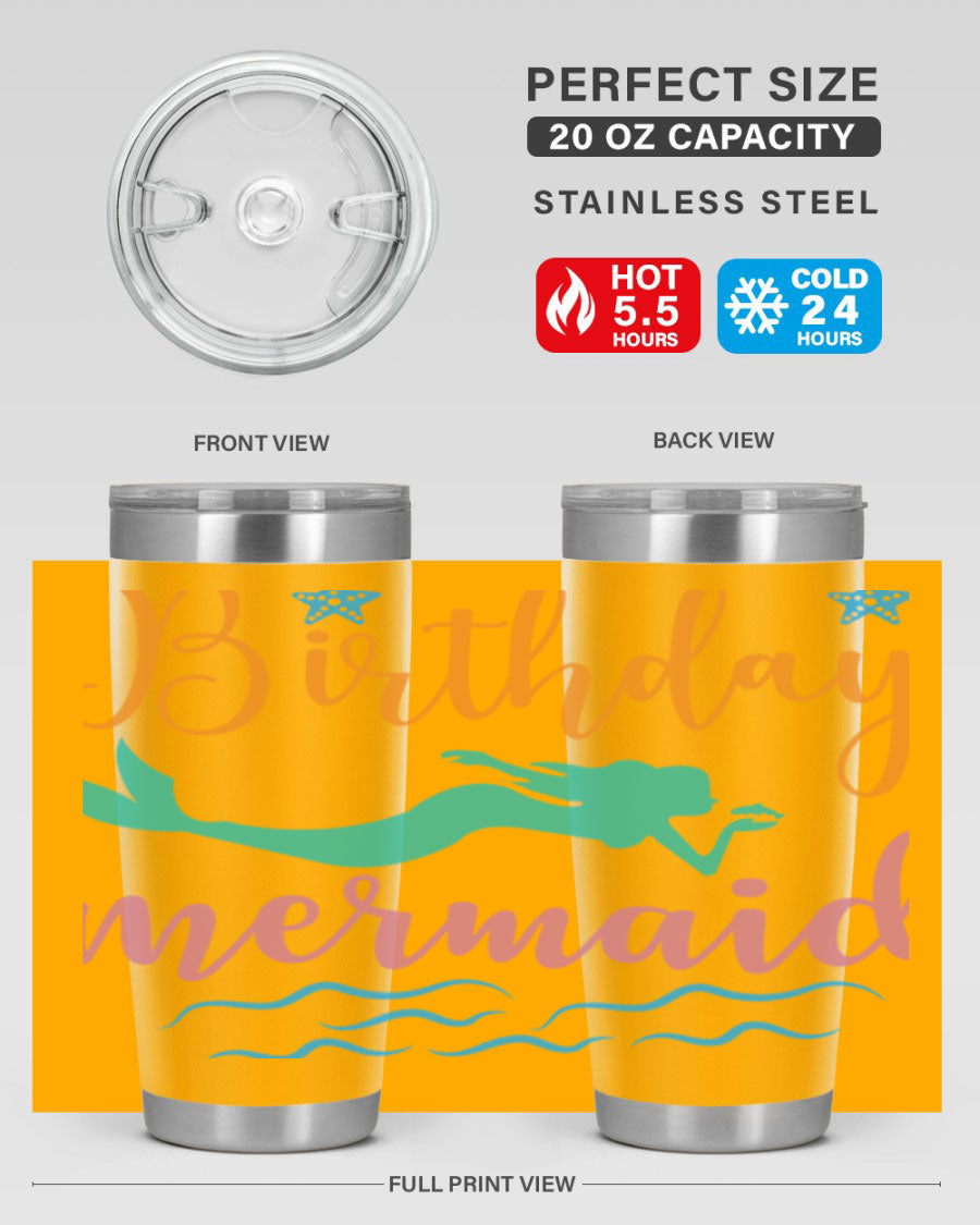Birthday Mermaid Design tumbler featuring vibrant mermaid graphics, available in 20oz and 30oz sizes, made from stainless steel.
