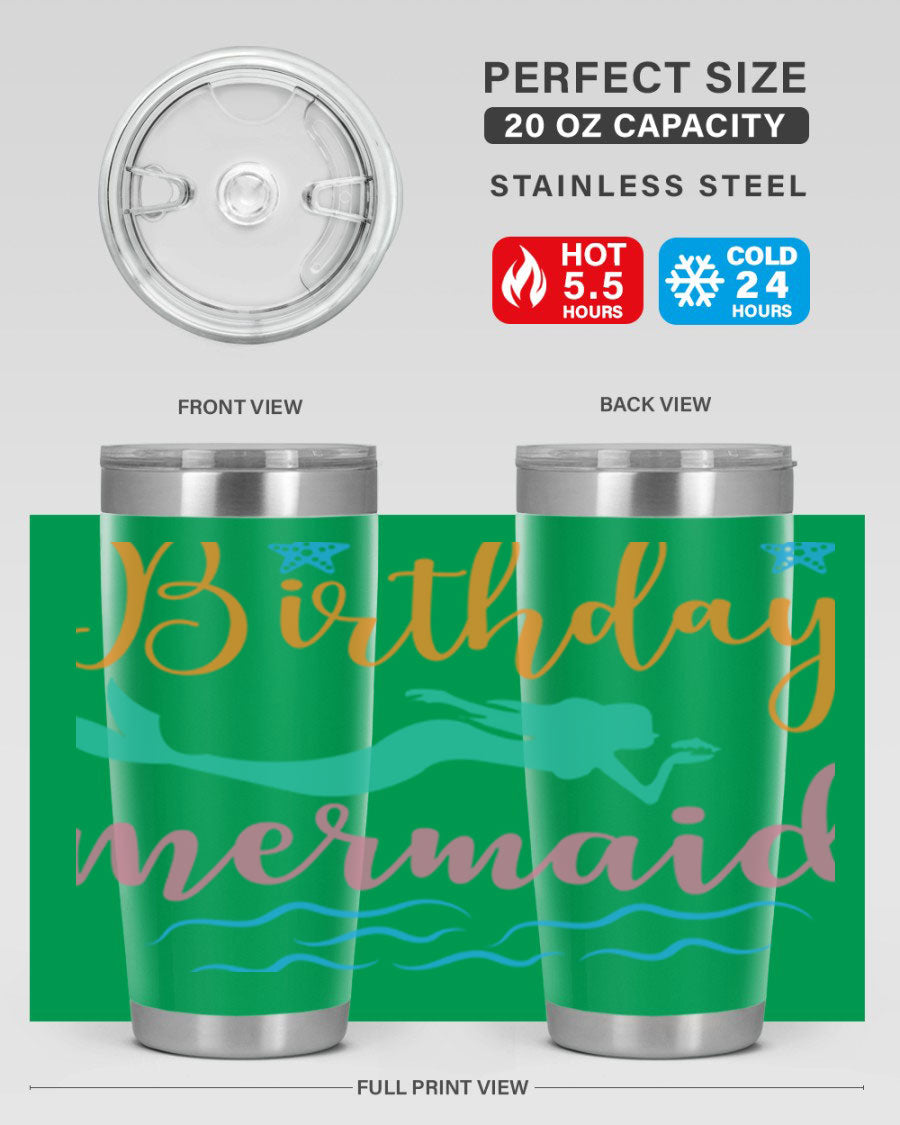 Birthday Mermaid Design tumbler featuring vibrant mermaid graphics, available in 20oz and 30oz sizes, made from stainless steel.