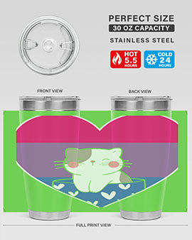 A vibrant 20oz tumbler featuring a cute bisexual kawaii kitty cat anime design, made of stainless steel with a drink-thru lid.