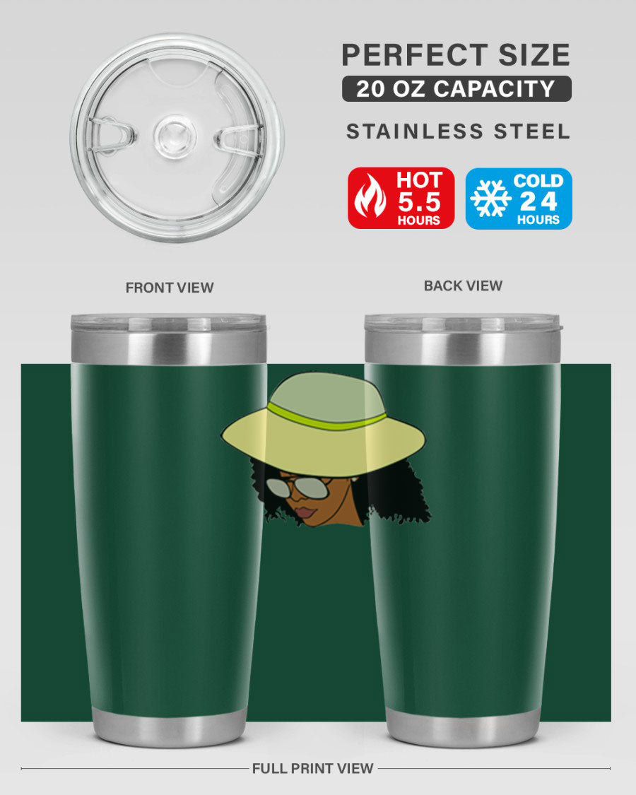 Black Afro 45# Tumbler showcasing a stylish design, made of stainless steel with a drink-thru lid, perfect for hot and cold beverages.