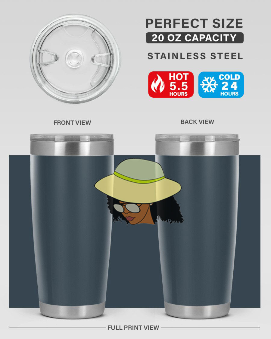 Black Afro 45# Tumbler showcasing a stylish design, made of stainless steel with a drink-thru lid, perfect for hot and cold beverages.