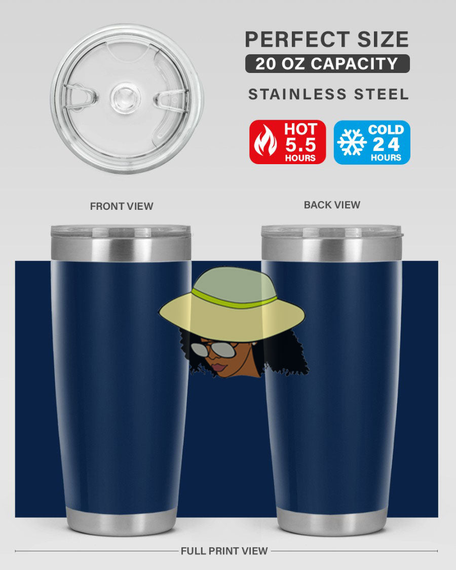Black Afro 45# Tumbler showcasing a stylish design, made of stainless steel with a drink-thru lid, perfect for hot and cold beverages.