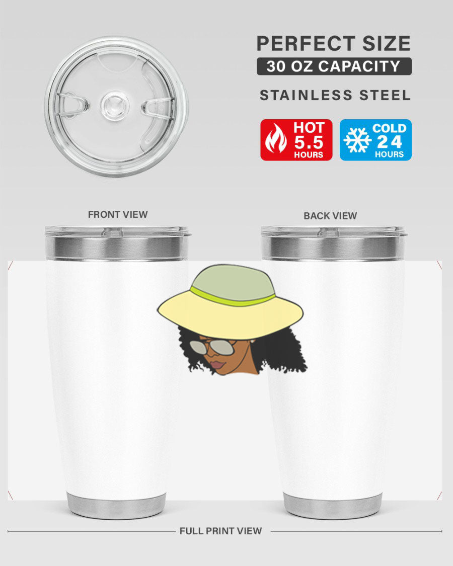 Black Afro 45# Tumbler showcasing a stylish design, made of stainless steel with a drink-thru lid, perfect for hot and cold beverages.