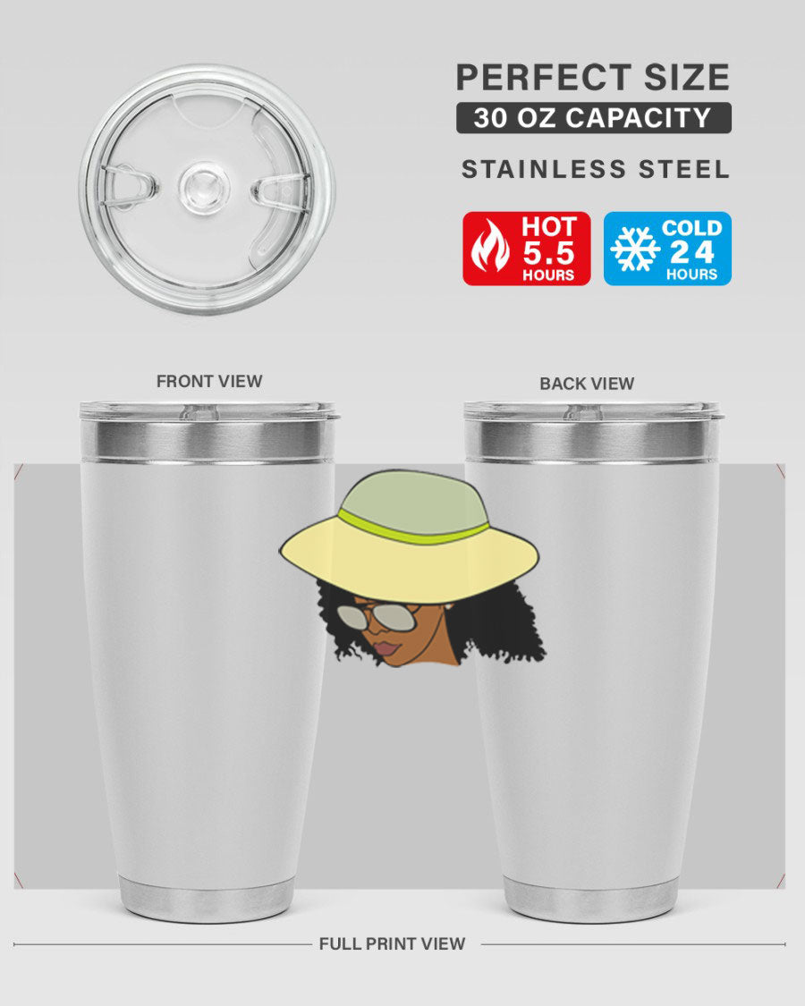 Black Afro 45# Tumbler showcasing a stylish design, made of stainless steel with a drink-thru lid, perfect for hot and cold beverages.