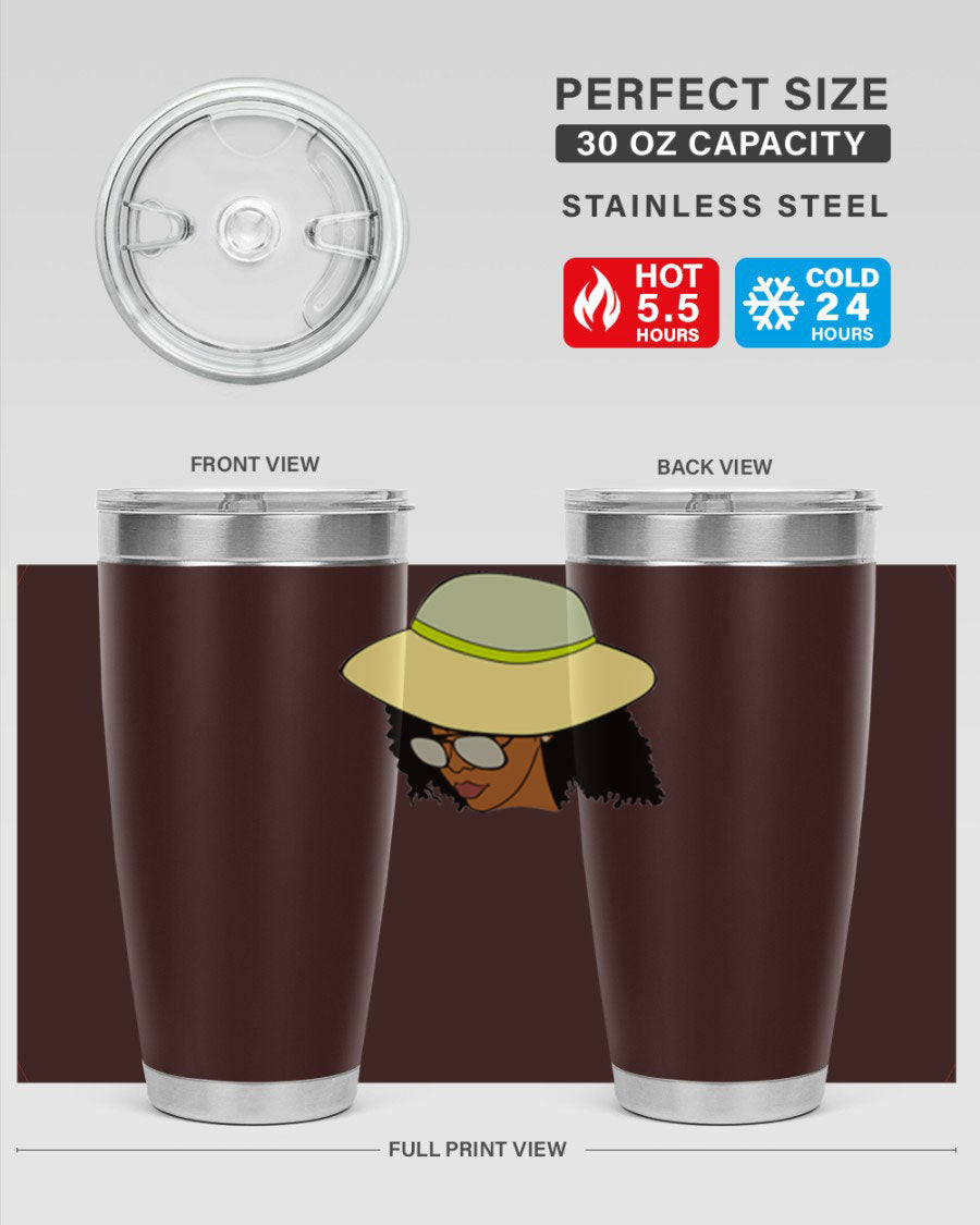 Black Afro 45# Tumbler showcasing a stylish design, made of stainless steel with a drink-thru lid, perfect for hot and cold beverages.