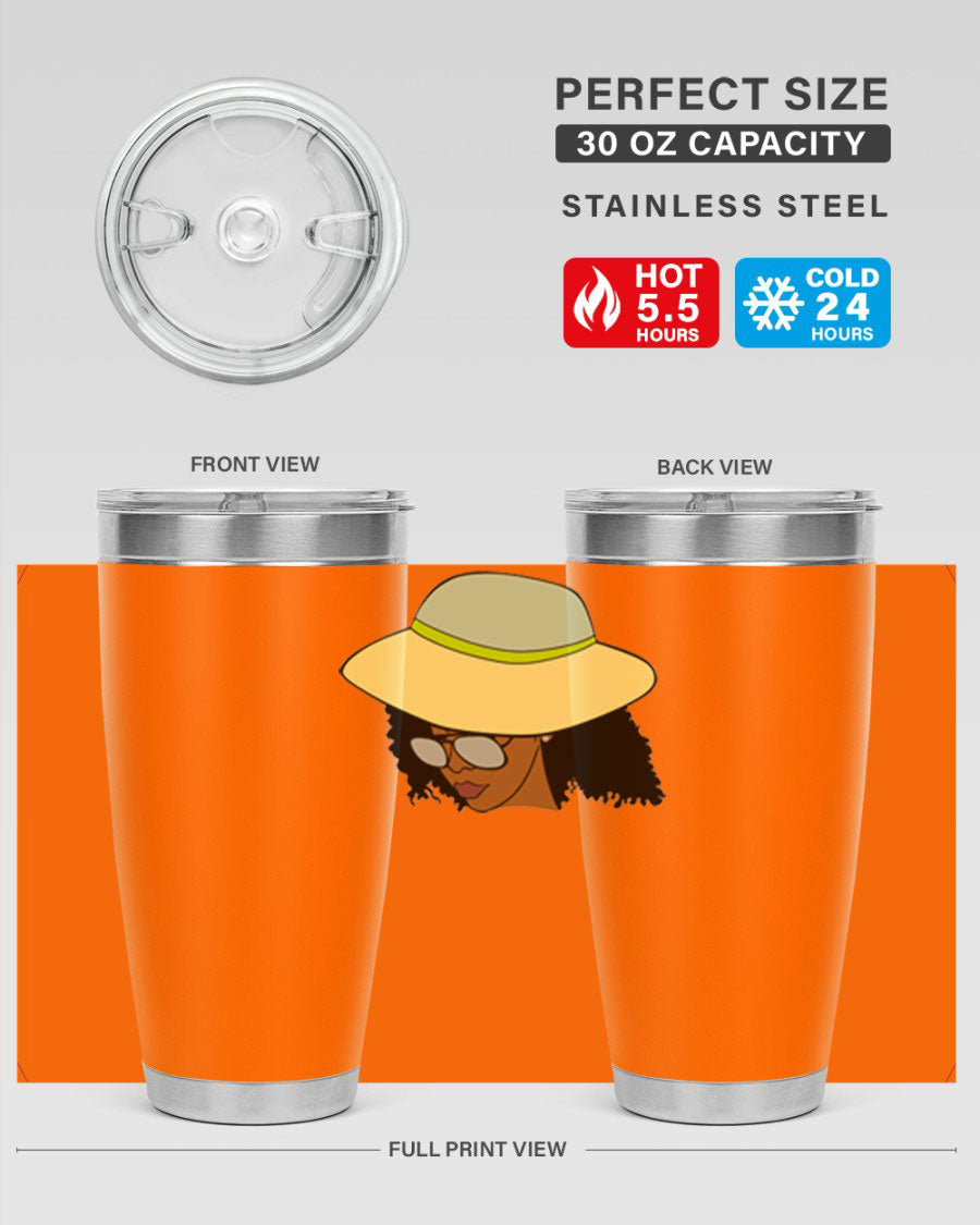 Black Afro 45# Tumbler showcasing a stylish design, made of stainless steel with a drink-thru lid, perfect for hot and cold beverages.