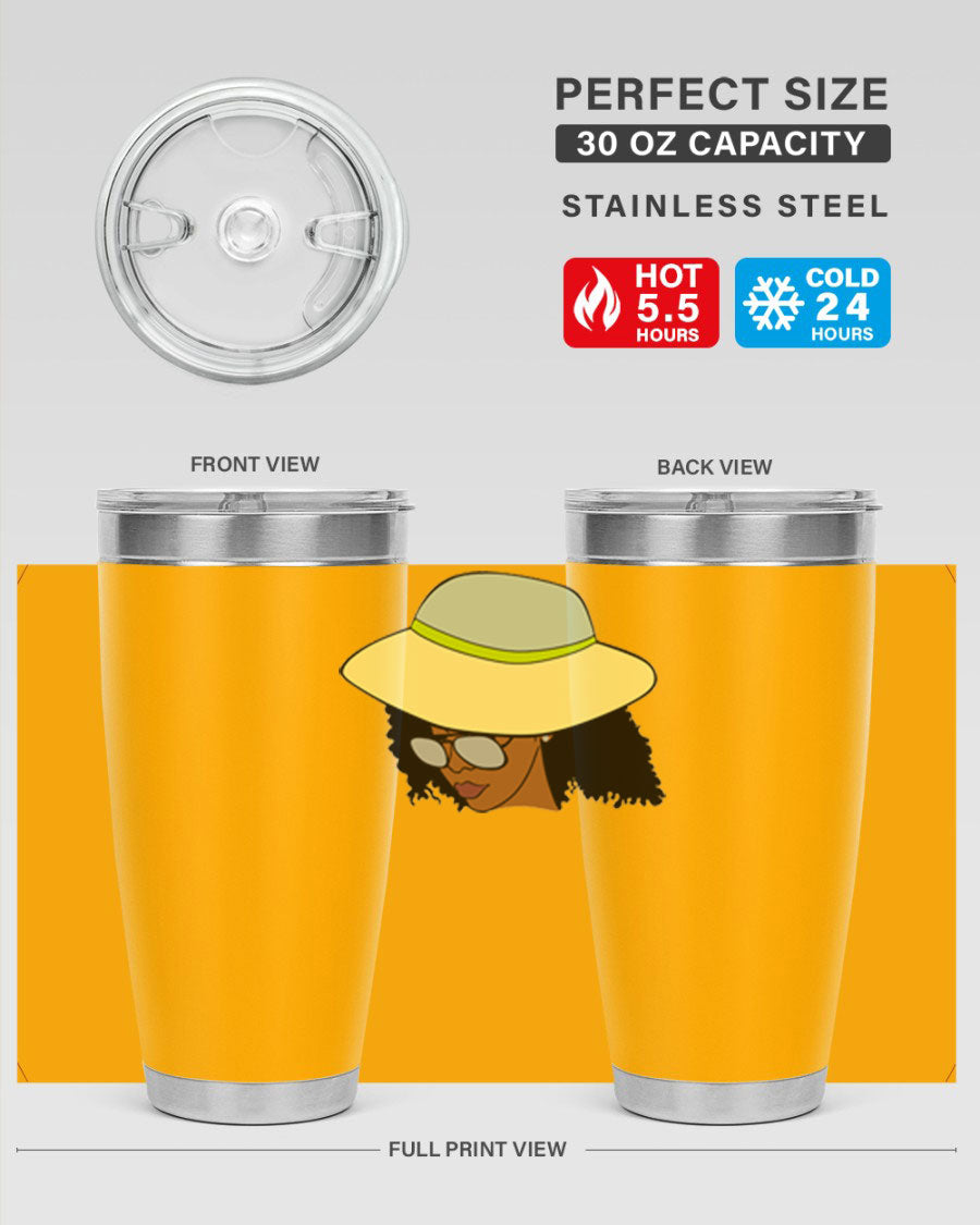 Black Afro 45# Tumbler showcasing a stylish design, made of stainless steel with a drink-thru lid, perfect for hot and cold beverages.