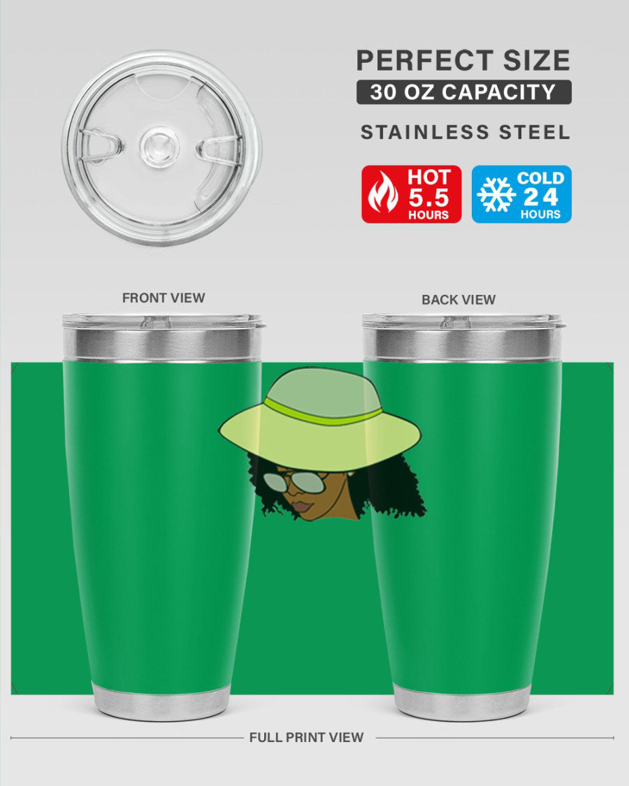 Black Afro 45# Tumbler showcasing a stylish design, made of stainless steel with a drink-thru lid, perfect for hot and cold beverages.