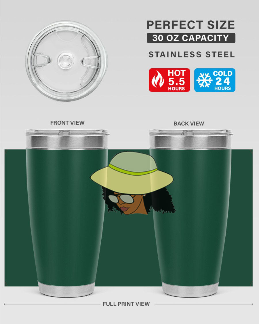 Black Afro 45# Tumbler showcasing a stylish design, made of stainless steel with a drink-thru lid, perfect for hot and cold beverages.