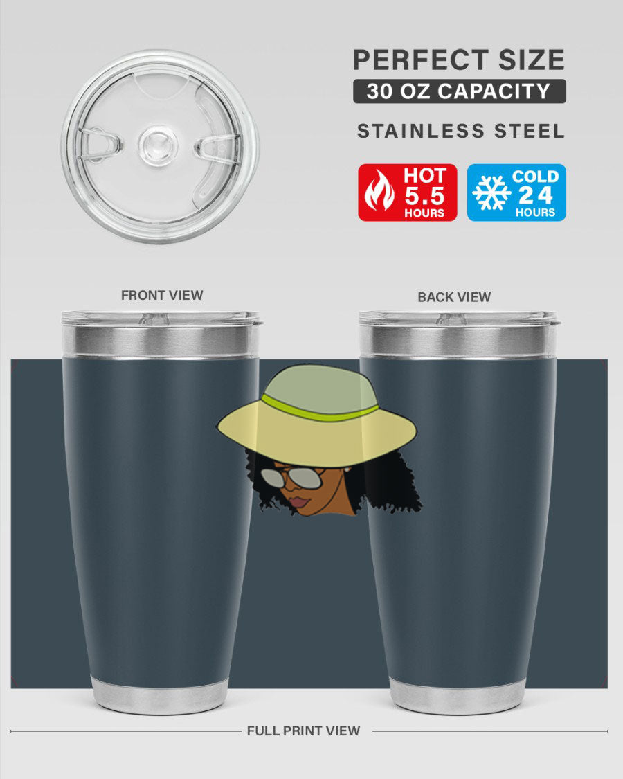 Black Afro 45# Tumbler showcasing a stylish design, made of stainless steel with a drink-thru lid, perfect for hot and cold beverages.