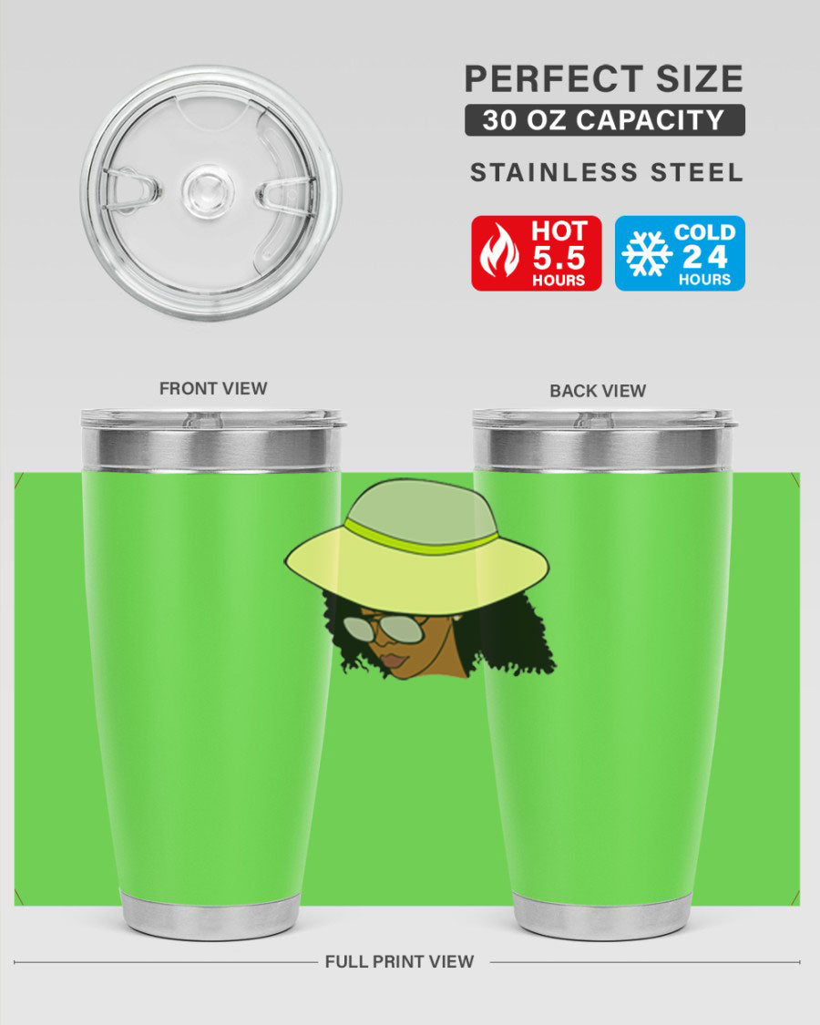 Black Afro 45# Tumbler showcasing a stylish design, made of stainless steel with a drink-thru lid, perfect for hot and cold beverages.